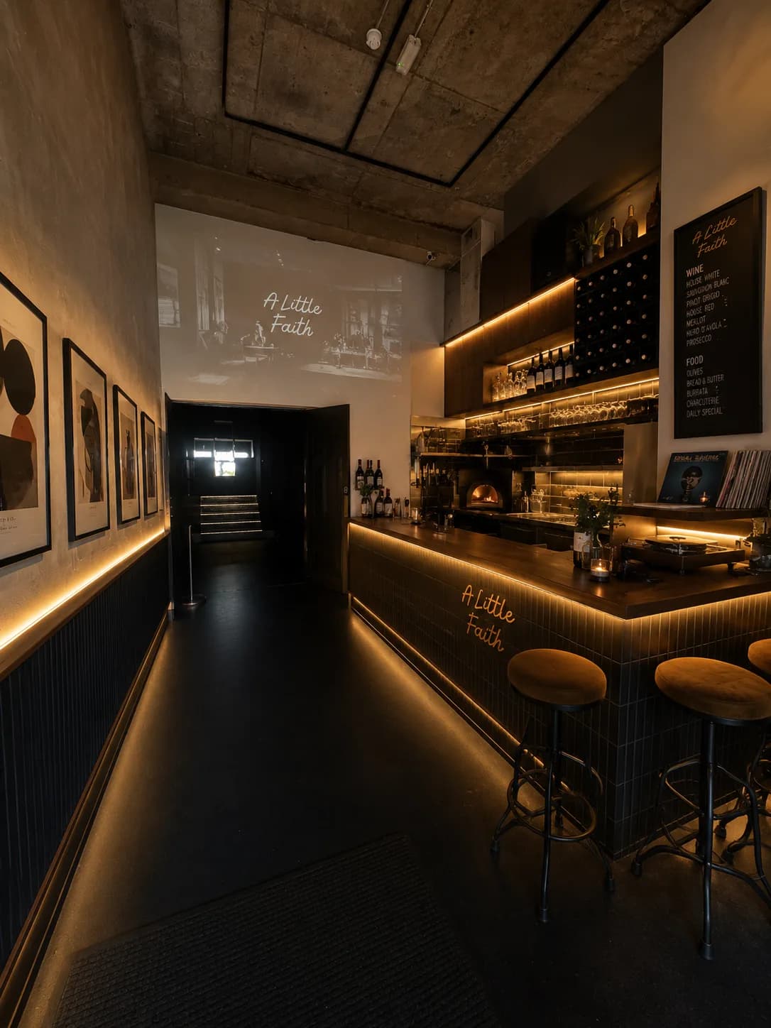 A Little Faith: the bar, wood-fired oven and wine wall at Faith In Strangers
